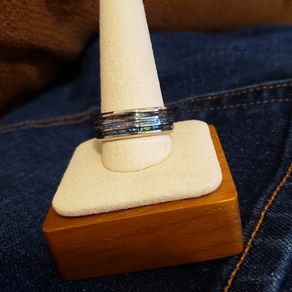 NEW Mens Tungsten Carbide inlaid Shells Blue Opal Statement Ring Gifts Unisex - Picture 11 of 16